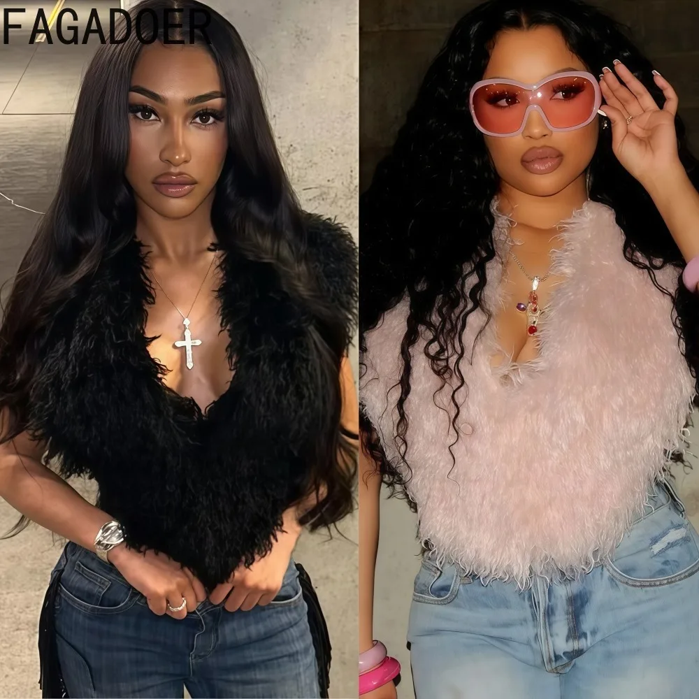

FAGADOER Sexy Fur Patchwork Bodycon T-shirt Women Solid Color Deep V-Neck Backless Bandage Top Female Streetwear Clothing 2025