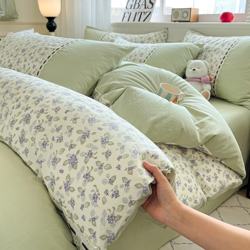 Flower Printed Duvet Cover with Lace Single/Queen/King French Style Quilt Cover Skin-friendly Housse De Couette 220x240 이불커버