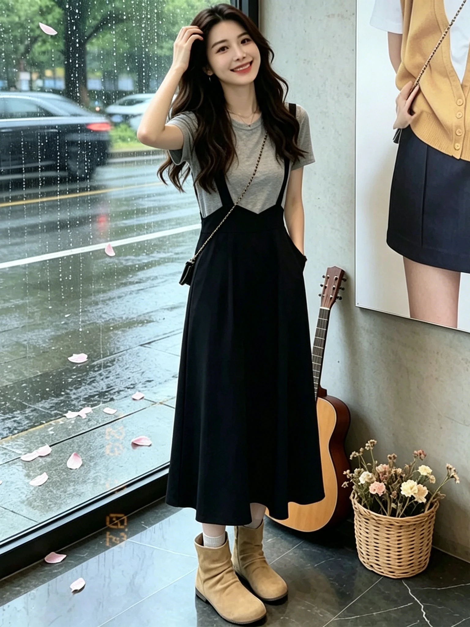 

Elegant Grey round Neck Short Sleeve Women's Dress with Shoulder Straps Summer Fashionable Versatile Two-Piece Set High Waist...