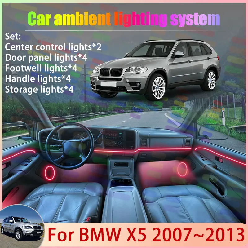 

Для BMW X5 E70 MK2 2007 ~ 2013 2008 2009 2010 2011 2/18 в 1 автомобильная атмосферная лампа RGB абажур ансамбль стример атмосферный набор