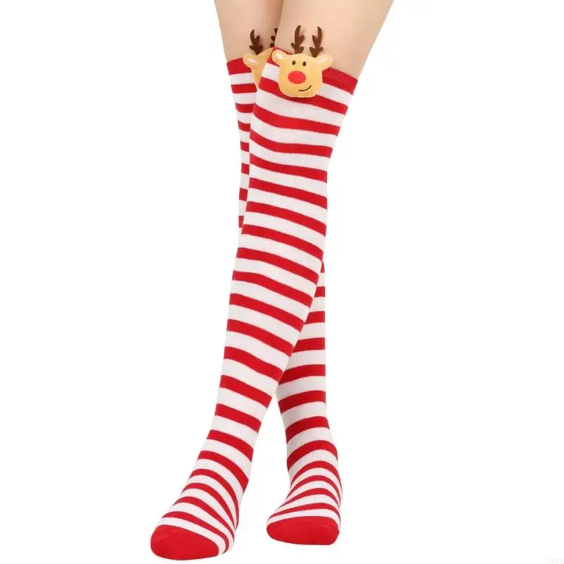 N0HE Striped Over Knee Long Socks Christmas Holiday 3D Plush Reindeer Thigh High Stockings Hosiery for Women and Girls