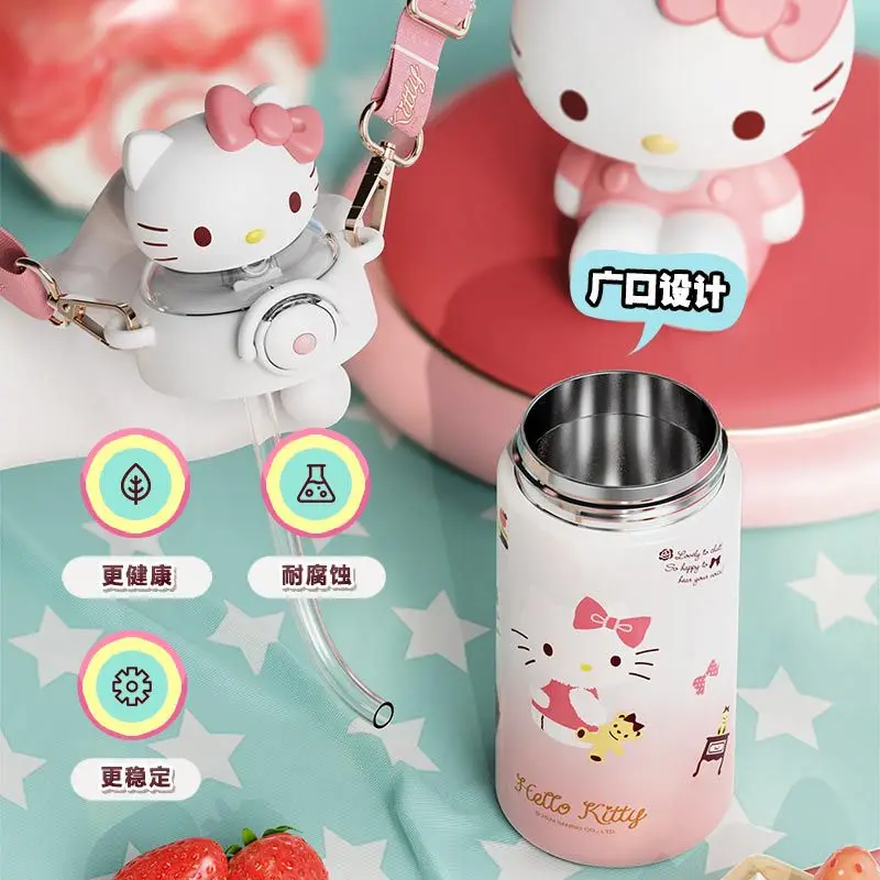 Hellokitty Cinnamoroll Stitch Kuromi Straw Tumbler 600ml Stainless Steel Thermos Cup Insulated Student Portable Water Bottle