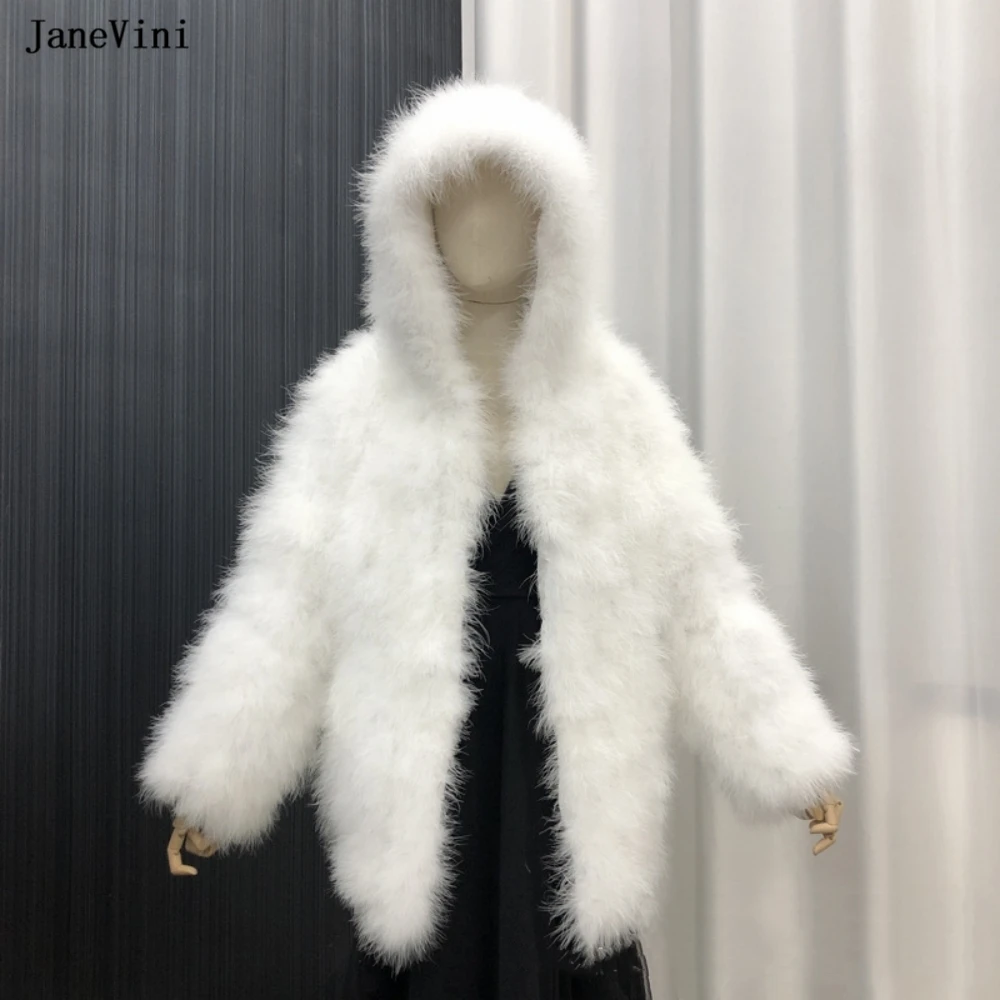 

JaneVini Luxury Ostrich Feathers Hooded White Bolero Bridal Faux Fur Shawl Wrap Women Cloak Winter Coat Jacket for Wedding Dress