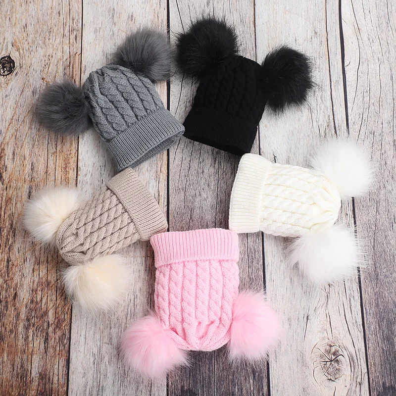 

New Knitted Braided Hat Baby Kids Girls Boys Winter Warm Knit Hat Furry Balls Pompom Solid Warm Cute Lovely Beanie Cap Gifts