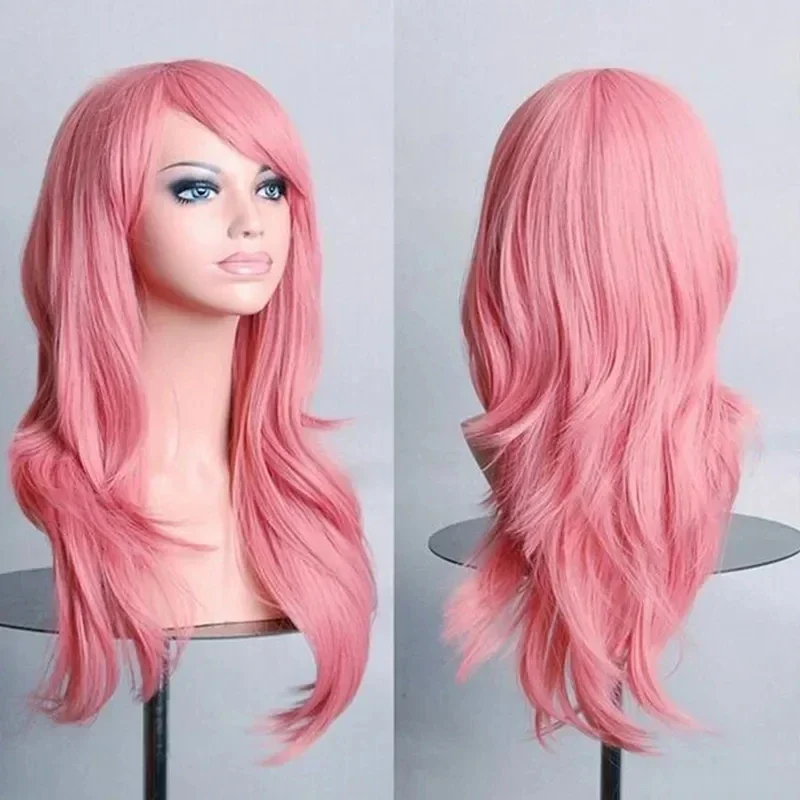 QQXCAIW 70cm Curly Long Pink Cosplay Wig Hair Pieces Synthetic Hair Gray Pink Blonde Wigs for Black Women Peruk Wigs