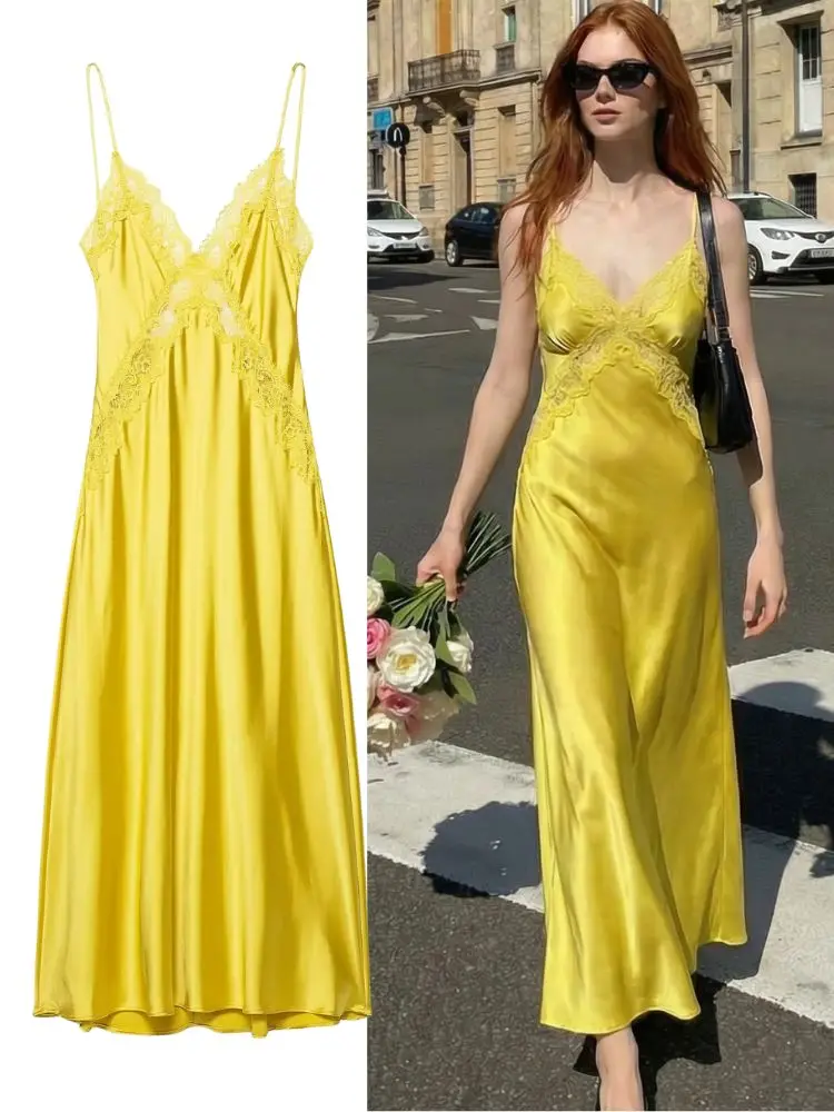 HH Elegantes Damen-Frühlings-Solid, sexy Satin-Spitze-Sling-langes Kleid, 2026, Sommer, V-Ausschnitt, ärmellos, rückenfrei, Party, gespleißte Kleider ﻿