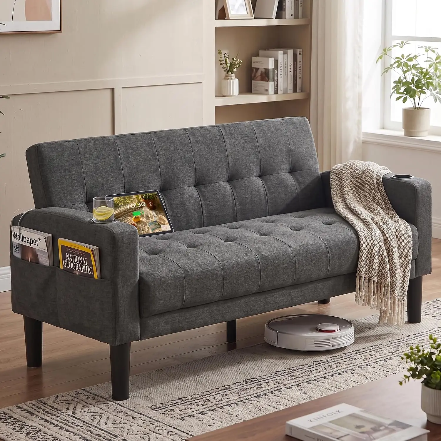 62'' Dark Grey Fabric Linen Tufted Upholstery Loveseat For Living Room, Customized