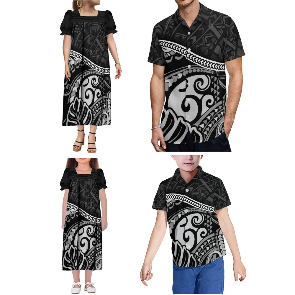 Maßgeschneiderte hawaiianische bedruckte Hemdoberteile für Herren und Jungen, Mumu-Kleider für Damen und Mädchen, polynesische Familien-Party-Outfits