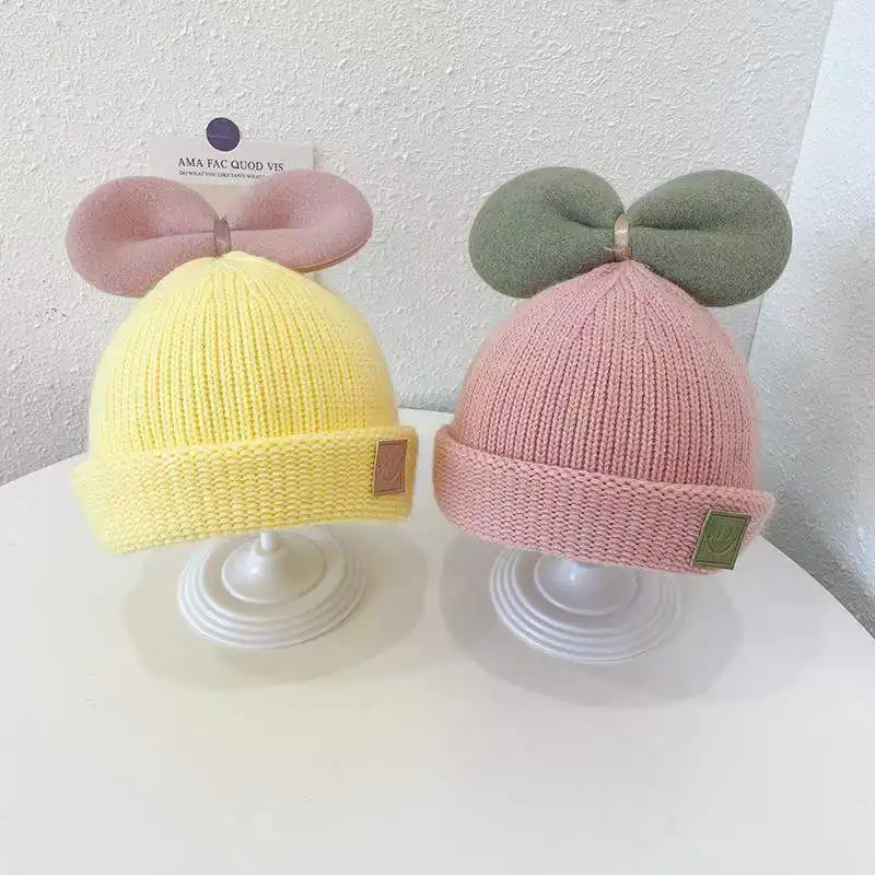 

Girls' Hat Super Cute Wool Autumn Winter Pullover Hat for Baby Big Bow Knit Warm Kids Beanie Solid Casual Newborn Beanie Caps