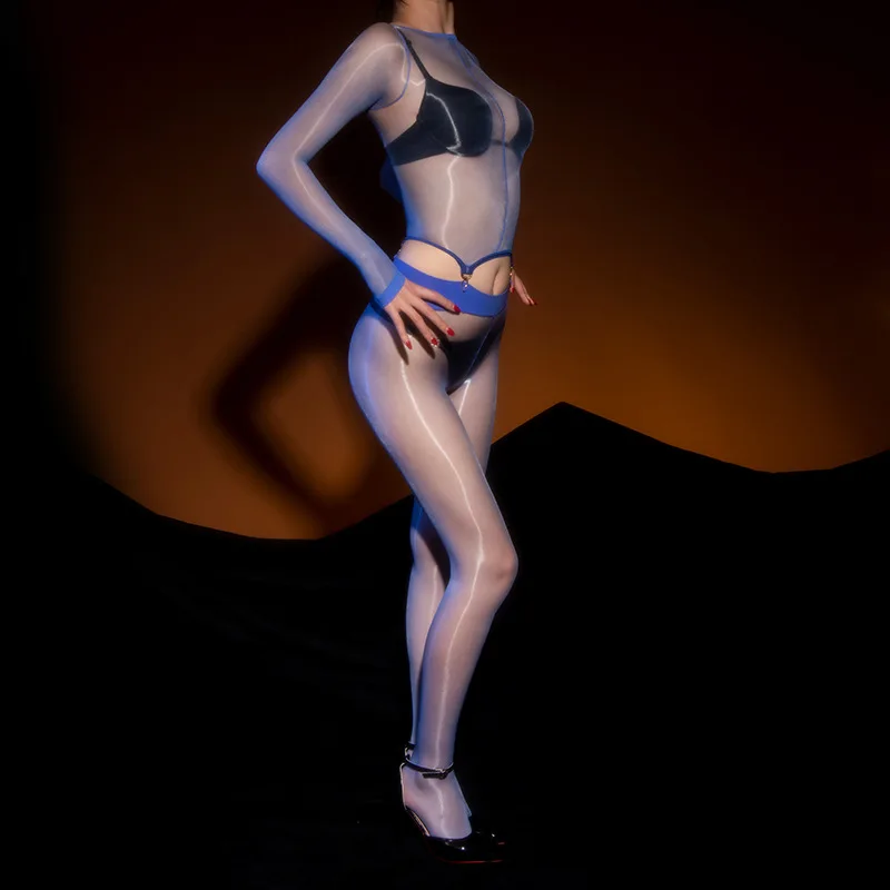 Women Ultra-thin See Though Bodysuit Sexy Oily Smooth Bodystocking Top Pantyhose Open Crotch Erotic Romper Lingerie Sex Clothes