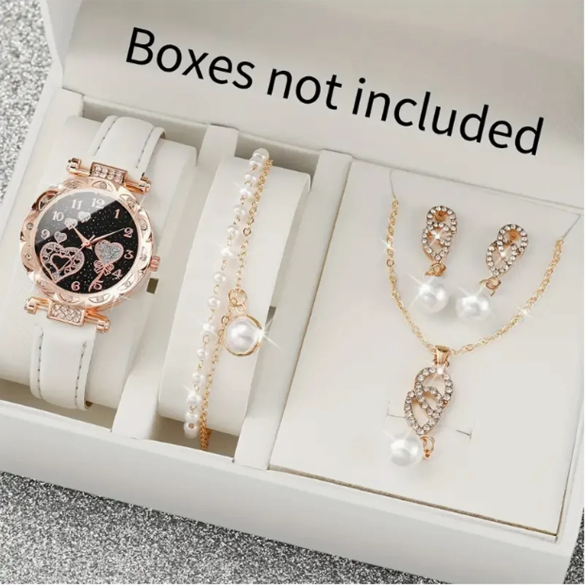 4pcs/set Women's Shiny Rhinestone Quartz Watch Analog PU Leather Wrist Watch & Faux Pearl Jewelry Set, Gift For Mom Her