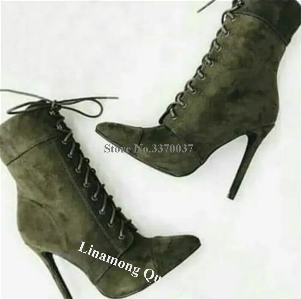 Linamong Army Green Suede Stiletto Heel Short Boots Elegant Pointed Toe Lace-up Thin Heel Ankle Booties Big Size Boots