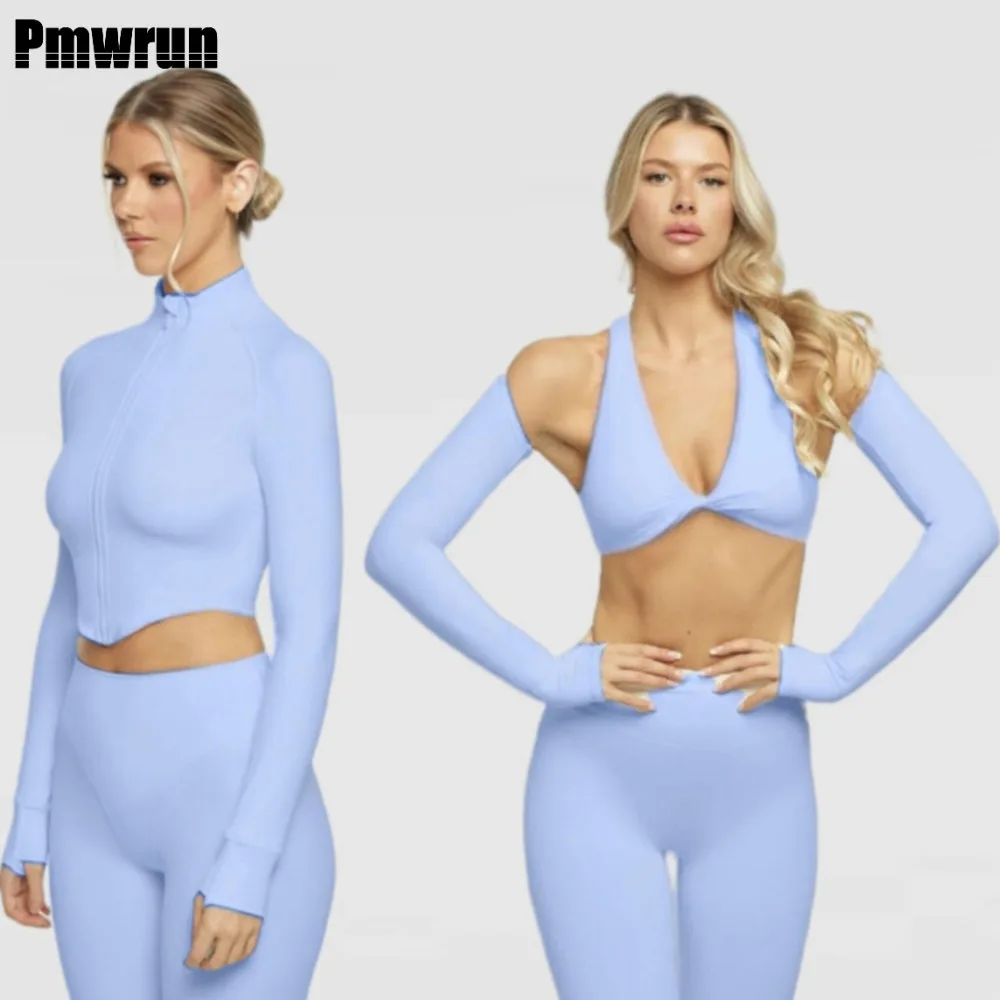 

PMWRUN 4PCS Women's Active Wear Set Sport Jacket Halter Sports Bra Detachable ArmWarmers Yoga Leggings For Yoga Fitness Training