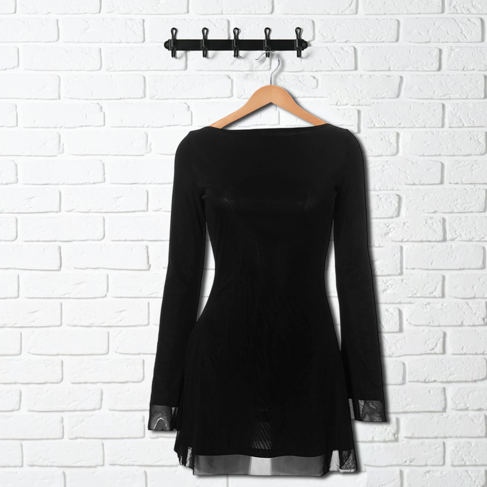 Mini vestido feminino de malha dupla camada, sólido, manga comprida, costas abertas, amarração, para festa diária, clube