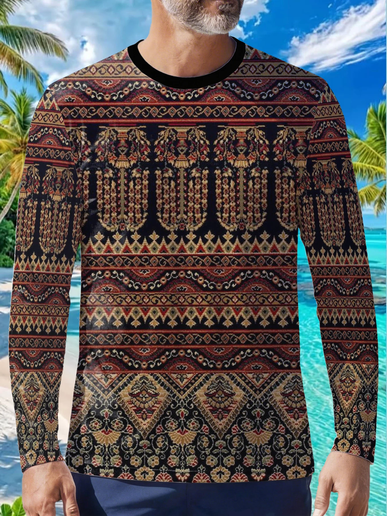 Vintage Persian Rug Inspired Pattern Mens Polyester Long Sleeve T Shirt Tribal Ethnic Carpet Print Graphic Tee Classic Art Casua