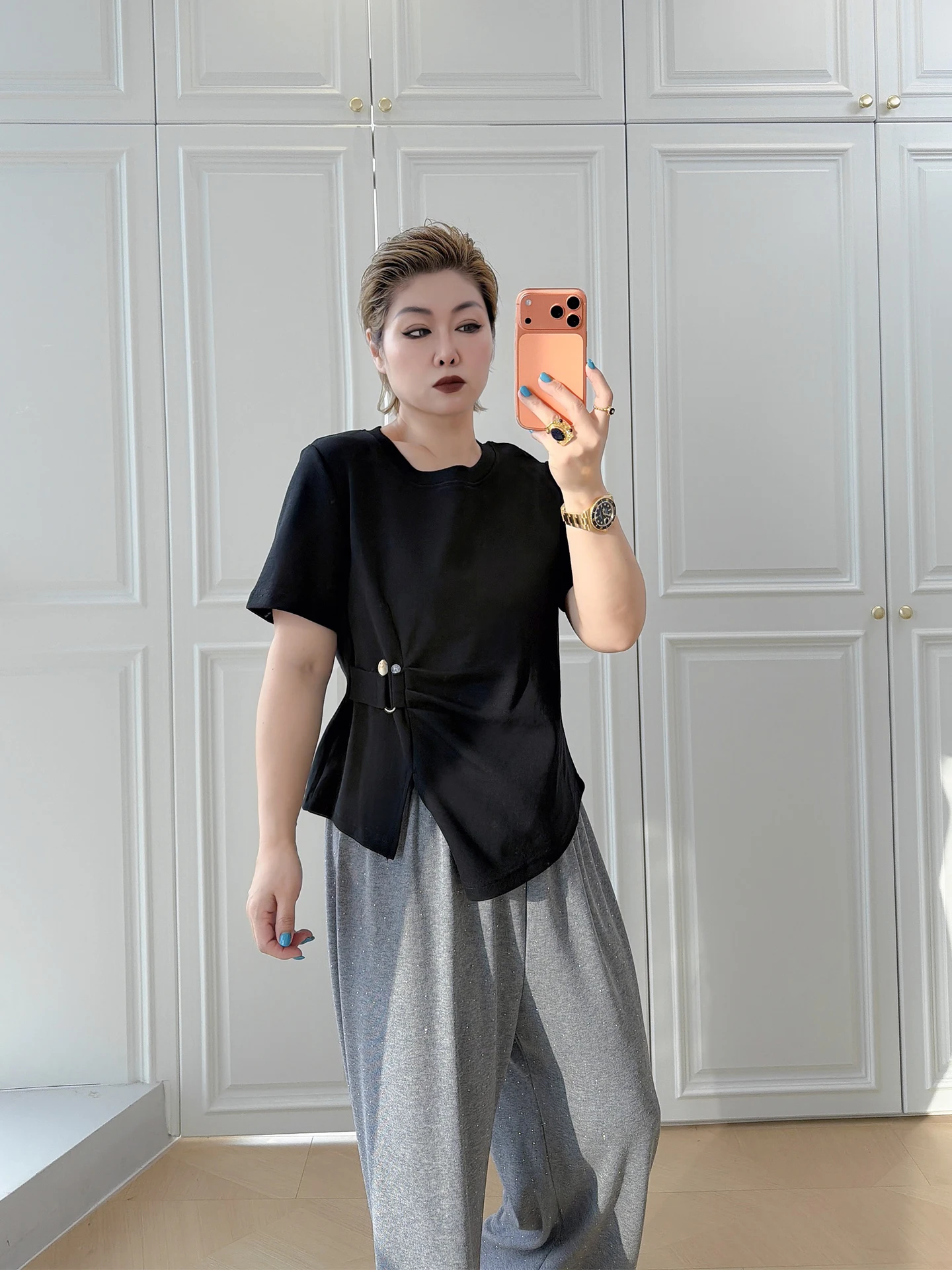 

plus Size Women's T-Shirt Side Slit Short Sleeve Conceal Belly Fashionable Versatile Casual Cotton Blend Spring Summer Top