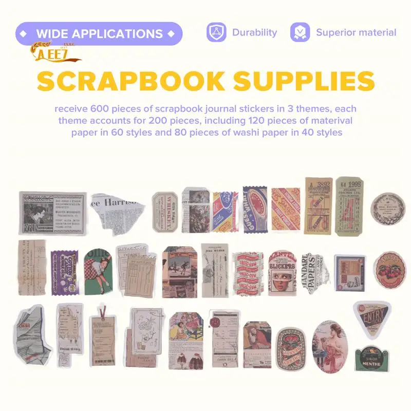 

AEE7-600 Pieces Vintage Stickers Journaling Paper Antique Scrapbooking Journaling Paper Aesthetic Scrapbook Paper Stickers