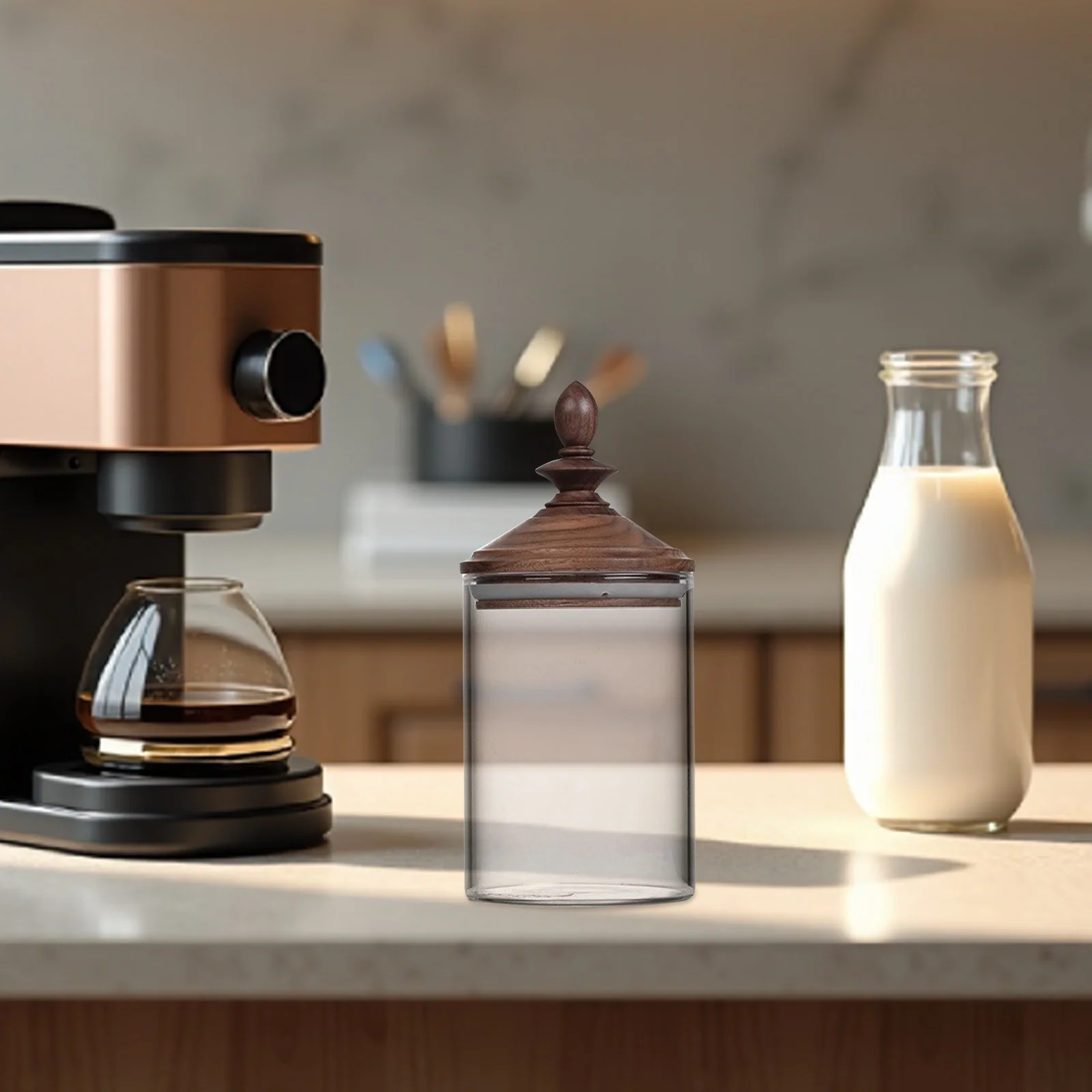 

Glass Canister Clear Storage Jar 550Ml Airtight Kitchen Organizer Black Walnut Wood Lid Decorative Storage for Coffee Beans Tea