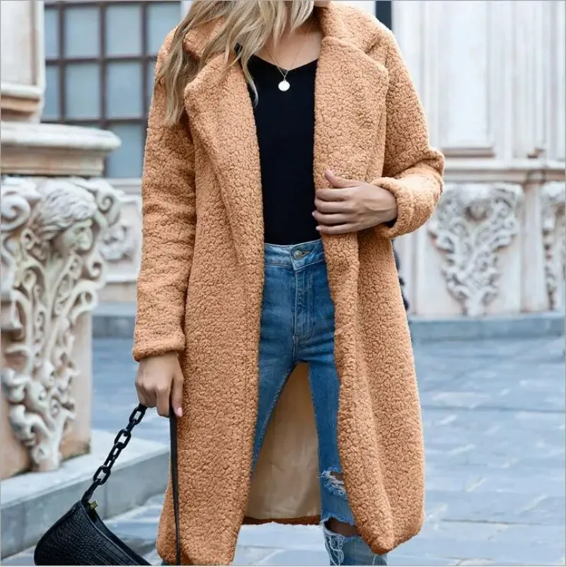 

Women Warm Teddy Bear Coat Ladies Fur Jacket Medium length turtleneck sweater Outwear Plush Overcoat Long Coat cardigan cashmere