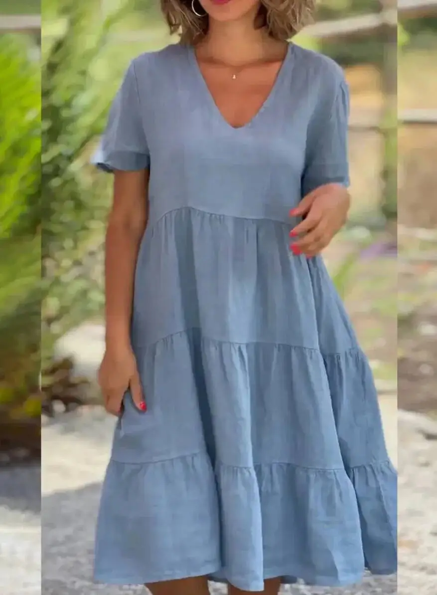 Robes décontractées en coton et lin pour femmes, collection Printemps/Été 2026, manches courtes, col en V uni, coupe ample et évasée, tailles S-3XL, ONO7