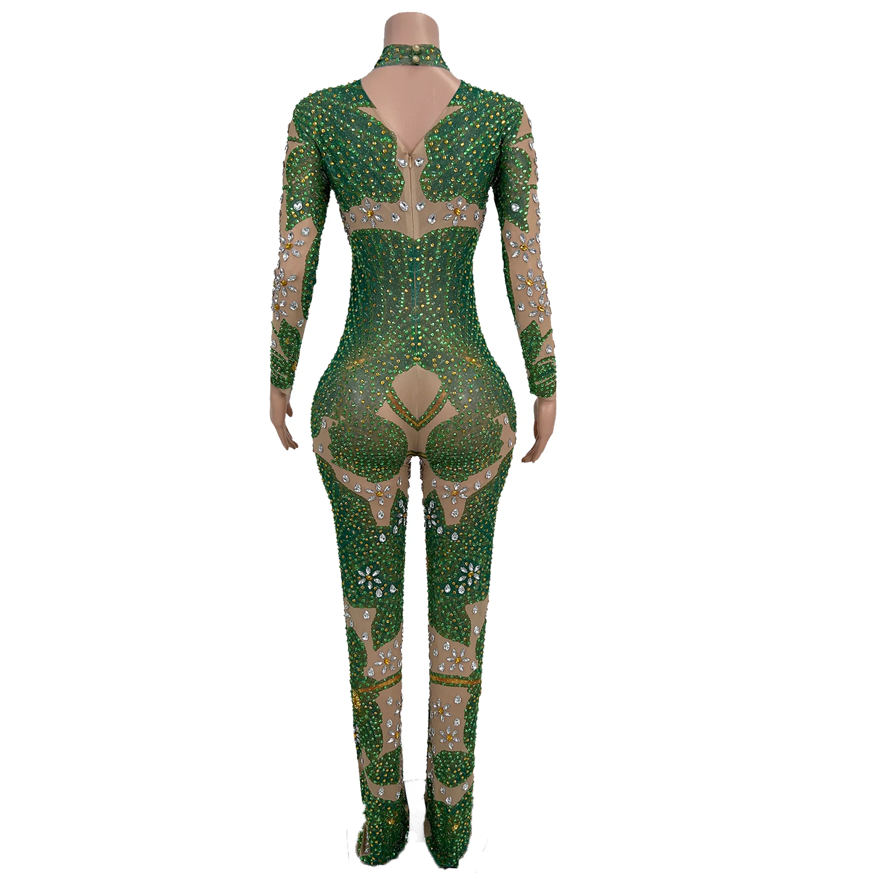Sparkly Green Rhinestone Tight Fitting Jumpsuit Outfit Women Luxury Long Sleeve Clubwear Birthday Stage Party Costume Hehuaye