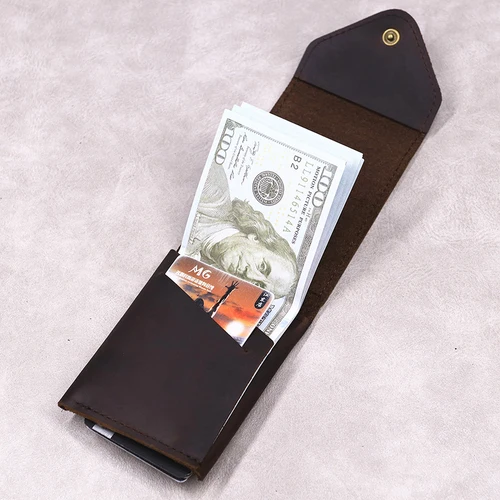 Cartera 100% de cuero genuino para hombre, Cartera de cuero de vaca Original, delgada, minimalista, con bolsillo frontal, tarjetero con cierre de solapa