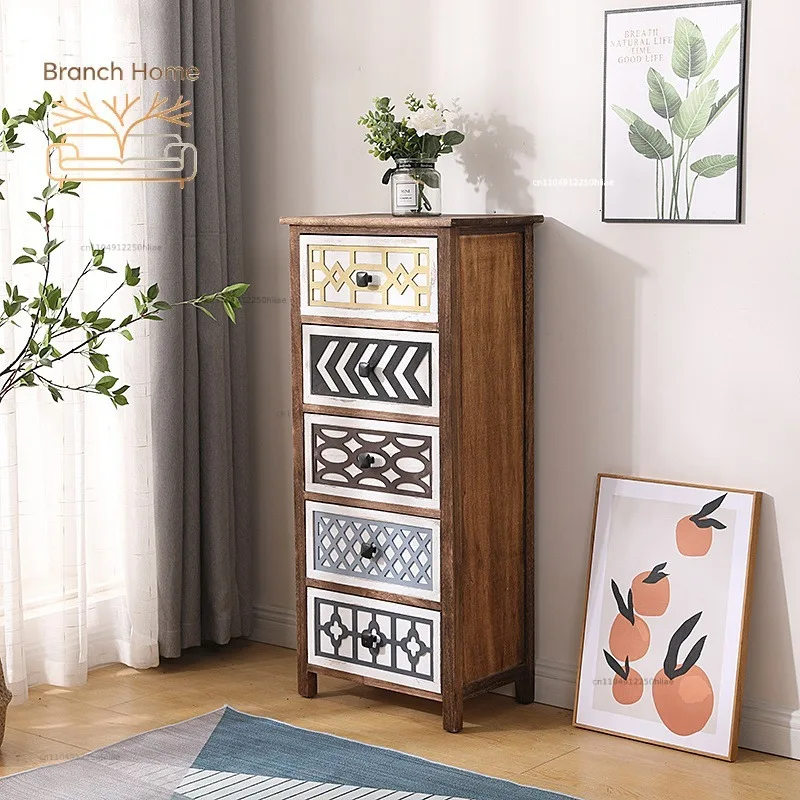 No-Assembly Retro Bedside Cabinet, Vintage Dresser with 4 Drawers, Slim Storage Chest for Living Room & Bedroom