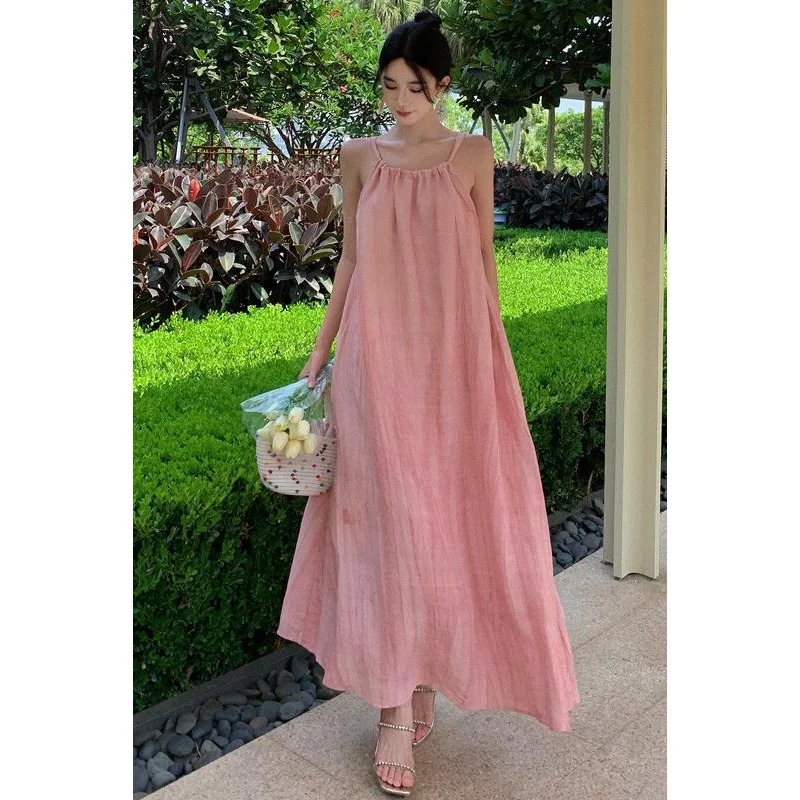 women cloth women dress Plant Dyed Linen Sling Dress Women's Loose Slimming Expansion Pleated Sleeveless