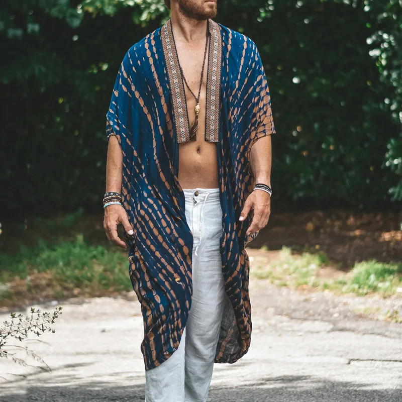 Summer Fashion Cardigan Shawl Mens Print Long Windbreaker Beach Sunwear Casual Shirt Fashion Poncho Jacket Cape Coat Tops