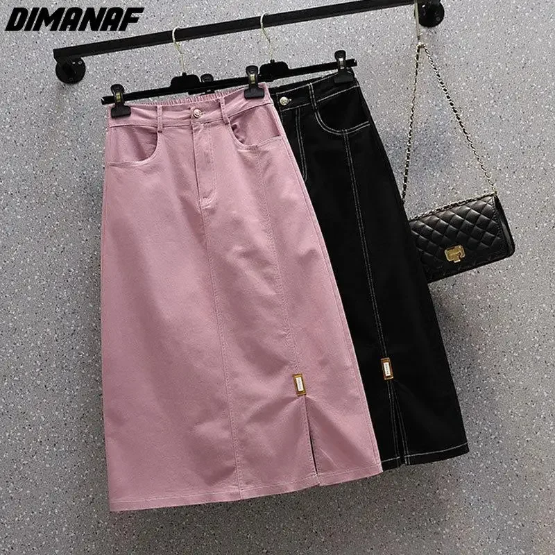 Dimanaf 2024 New Summer Style Plus Size Skirts Solid Buttons Women Denim A-Line Vintage Basic Skirt 5XL Pink