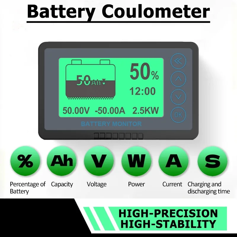 500A Battery Coulometer Battery Capacity Tester, Battery Monitor with shunt, programmable high and low voltage alarm. Compatible