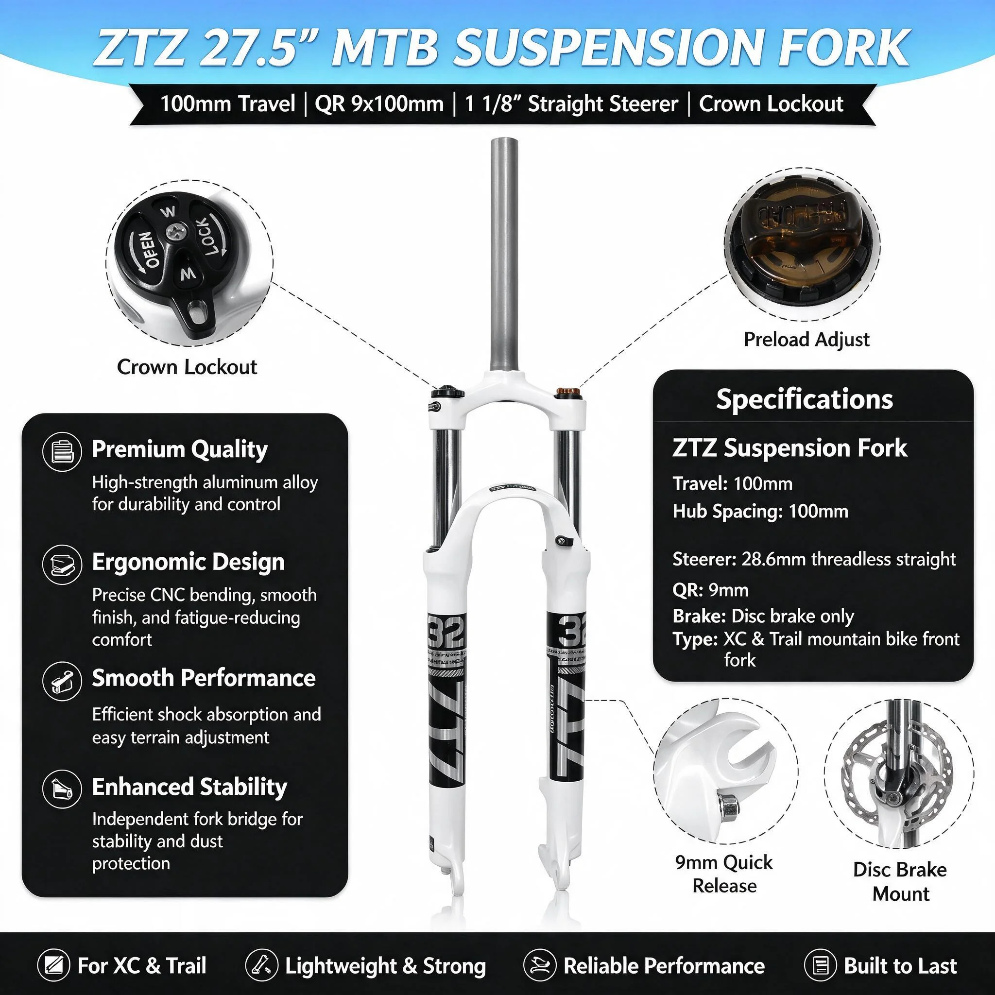 White Mountain Bicycle Front Fork, 27.5 Inch Mechanical Suspension Shock for MTB, 100mm Travel, Aluminum Alloy Construction, 1 1/8 Inch Straight Tube, Disc Brake Compatible