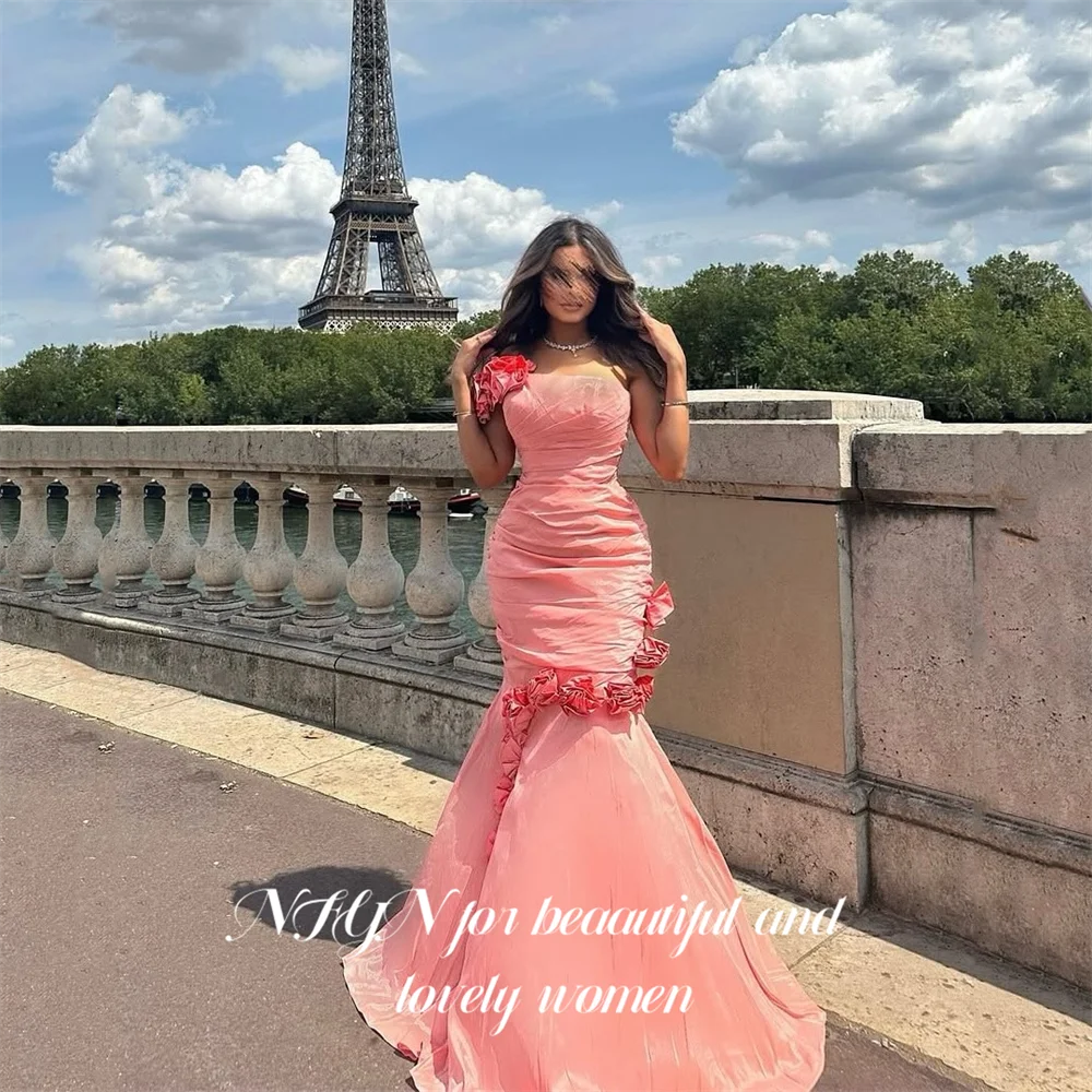 

NFYN Coral Strapless Formal Gown with Ruffled Floral Prom Dresses Romantic Evening Dresses Mermaid Modern Style Customized