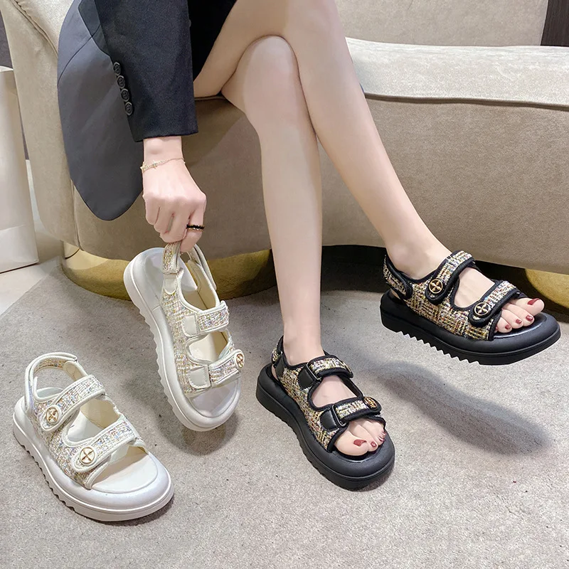 Beach Sandal Woman Luxury 2024 Summer Shoes Clogs With Heel Suit Female Beige Flat Thick Comfort Low Black New Girls Fashion Rom