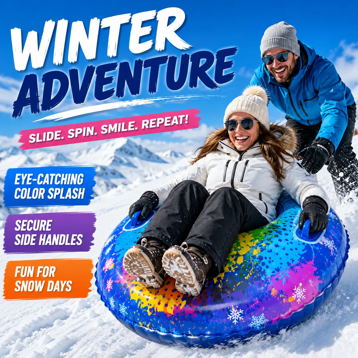 Inflatable Snow Tube with Handles Winter Snow Sled Heavy Duty Round Sledding Tube for Outdoor Skiing Snow Play
