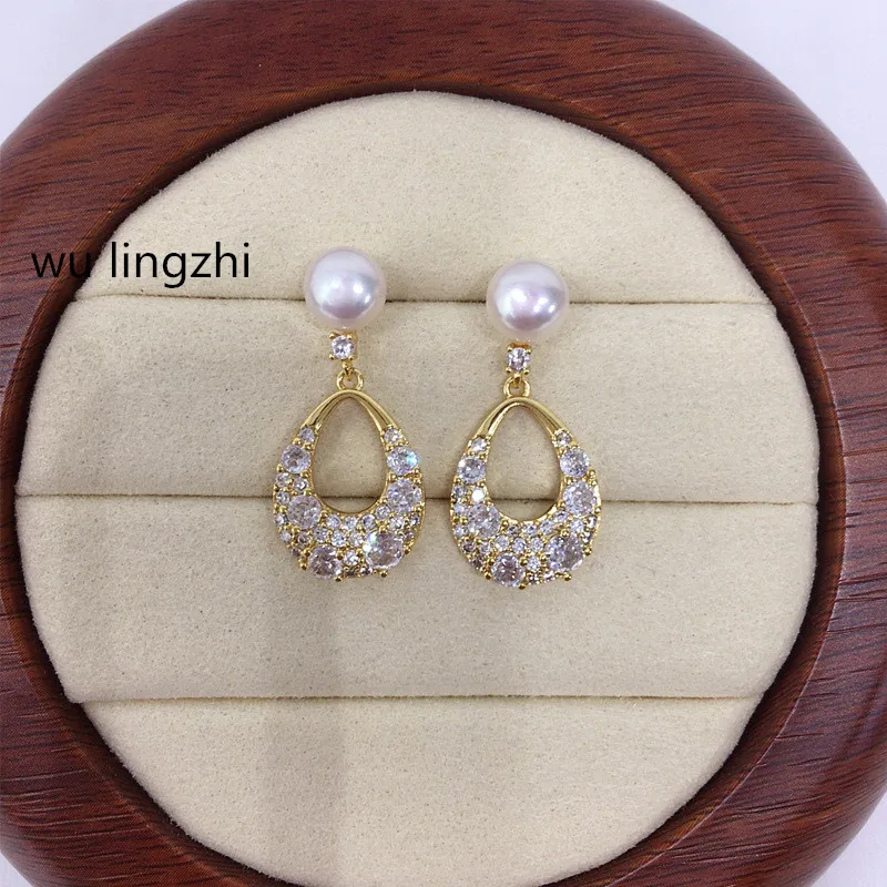 wu lingzhi Natural Fresh Water Pearl Earrings Luxury Fresh Water Pearl Stud Earrings Female 18K Gold Plate Zircons 925 Silver