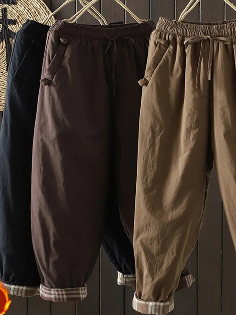 

Women's Retro Cotton Fce Pants Elastic Waist Slimming Harlan Thi Warm Casual Long Trousers High Waist Loose Fit Winter Wear