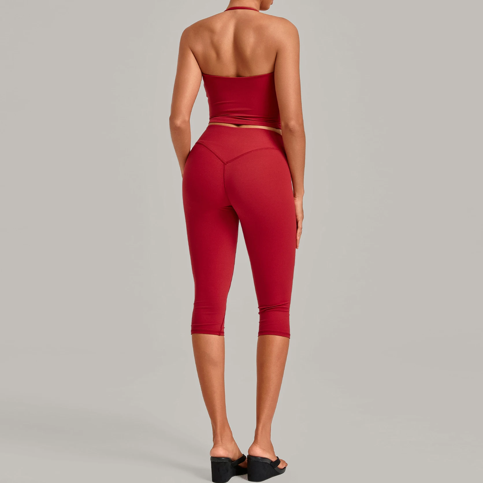 Women 2 PCS Yoga Sets Halter Neck Crop Tank Top High Waist Capri Leggings Fitness Workout Outfits Gym Pilates Sports Suit