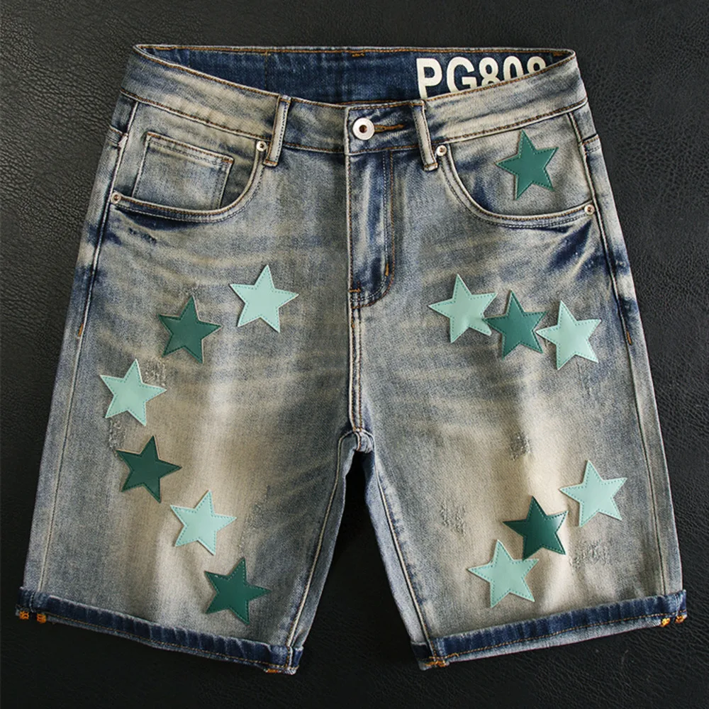 

Мужские джинсовые шорты в стиле пэчворк, мотоциклетные джинсовые шорты со звездами для мужчин, модные брендовые брюки средней длины, красивые полубрюки