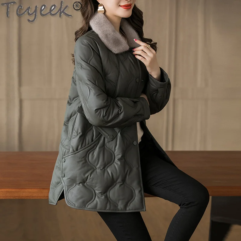 Chaqueta de cuero genuino para Mujer, Abrigo femenino de Cuello de piel de visón Real, otoño e invierno, Gxy1278, 2023