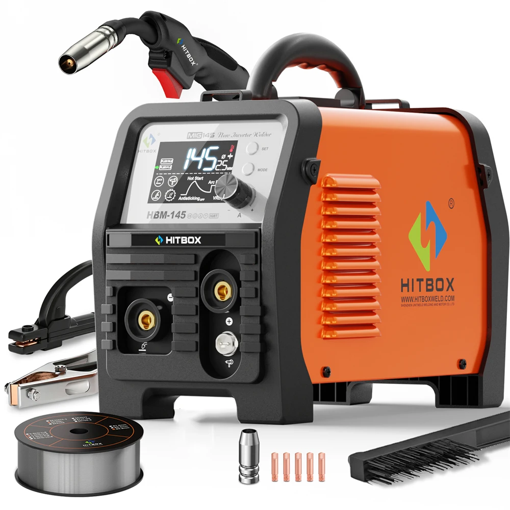 HITBOX HBM145 MIG-Schweißgerät mit Synergic Control 220V 4-in-1 Stick/ARC/MMA Gasloses MIG Lift TIG Unterstützt Spool Gun Hot Start Arc Force Anti-Stick IGBT Inverter-Schweißgerät für 2lb 0,8/1,0mm