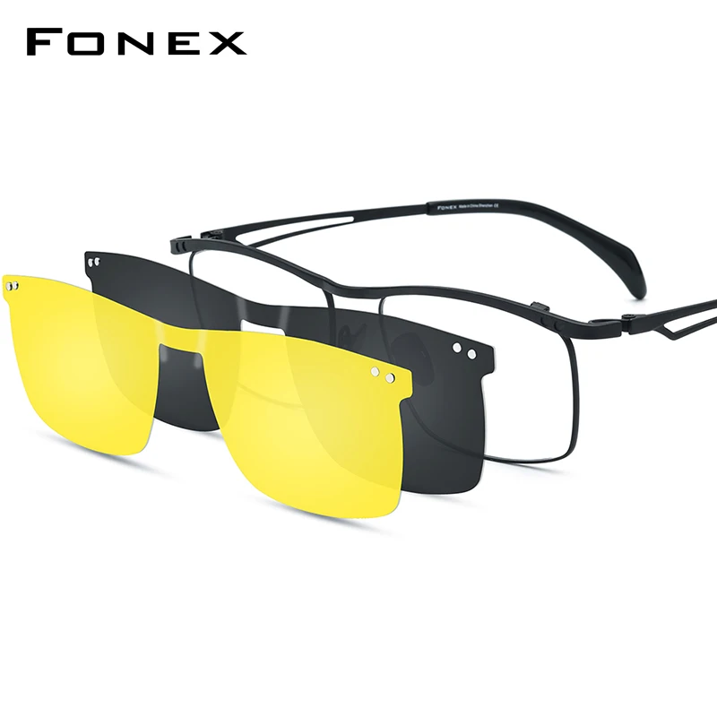 

FONEX Titanium Sun Glasses Frame Men Square Magnet Clip Sunglasses Eyeglasses with Night Vision & Polarized Lens F85759