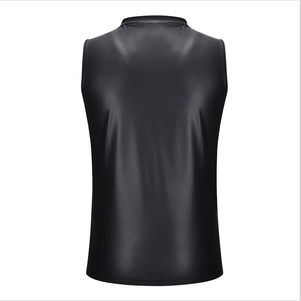 Man Male Tops Vests Leathe M-2XL Mens Nightclub PU Costume Vintage Faux Leather Party Sleeveless Stage T-shirt