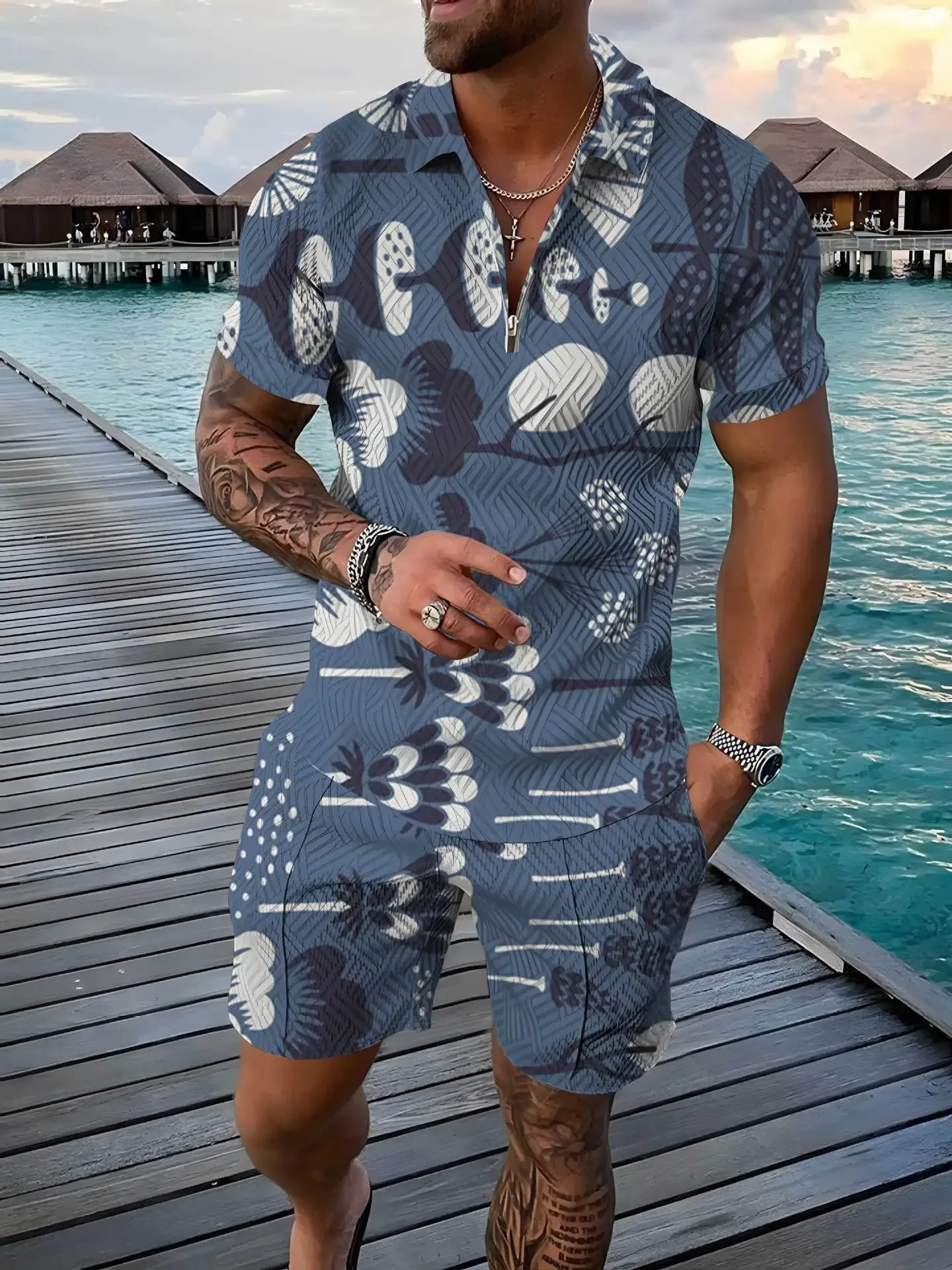 Conjunto de agasalho casual floral colorido estampado 3D masculino, camisa polo e shorts com gola zíper, pano homem, moda tendência verão, 2 peças