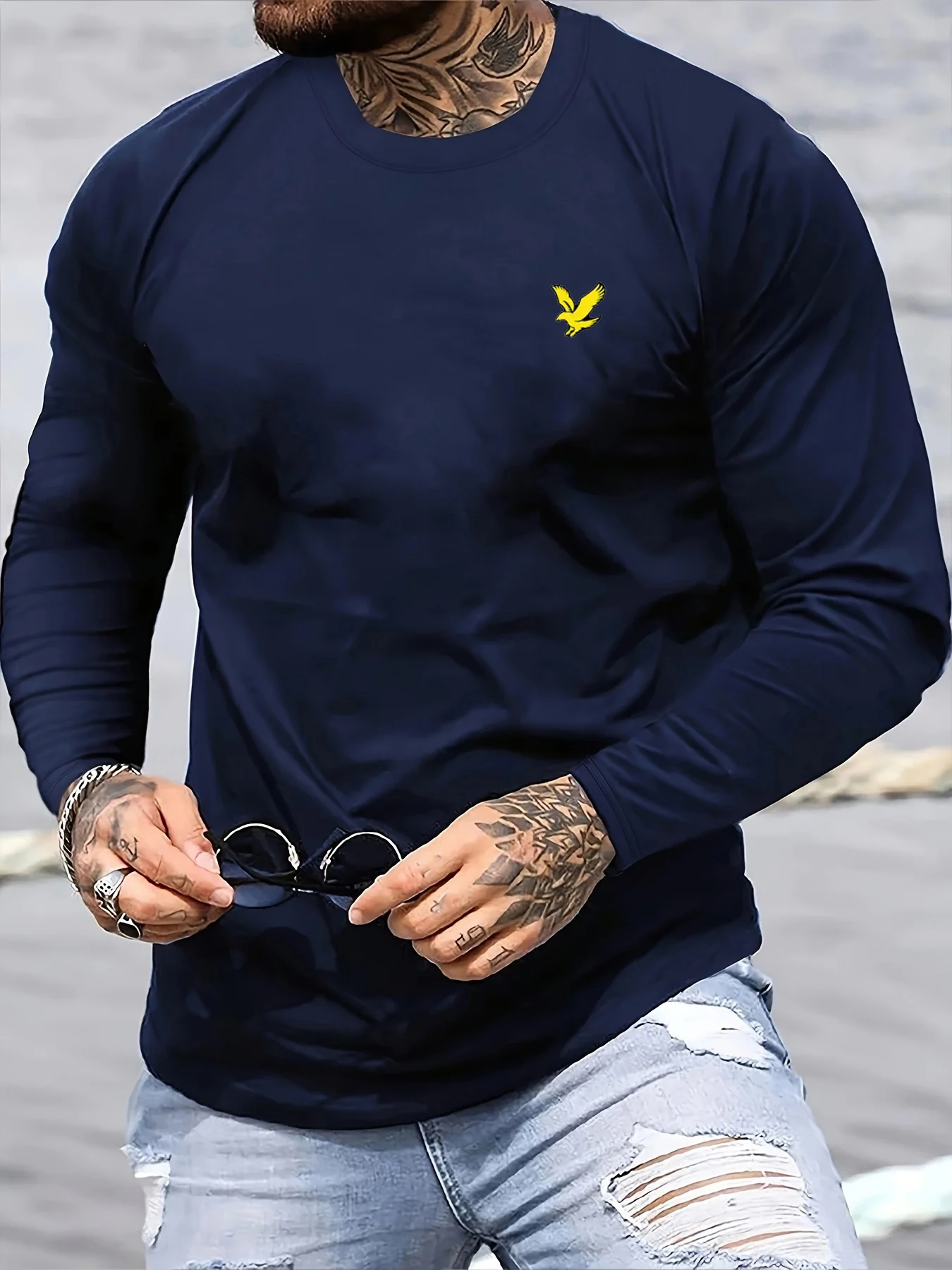 100% pure cotton men's long sleeved round neck loose gold eagle pattern printed spring and autumn casual versatile T-shirt top