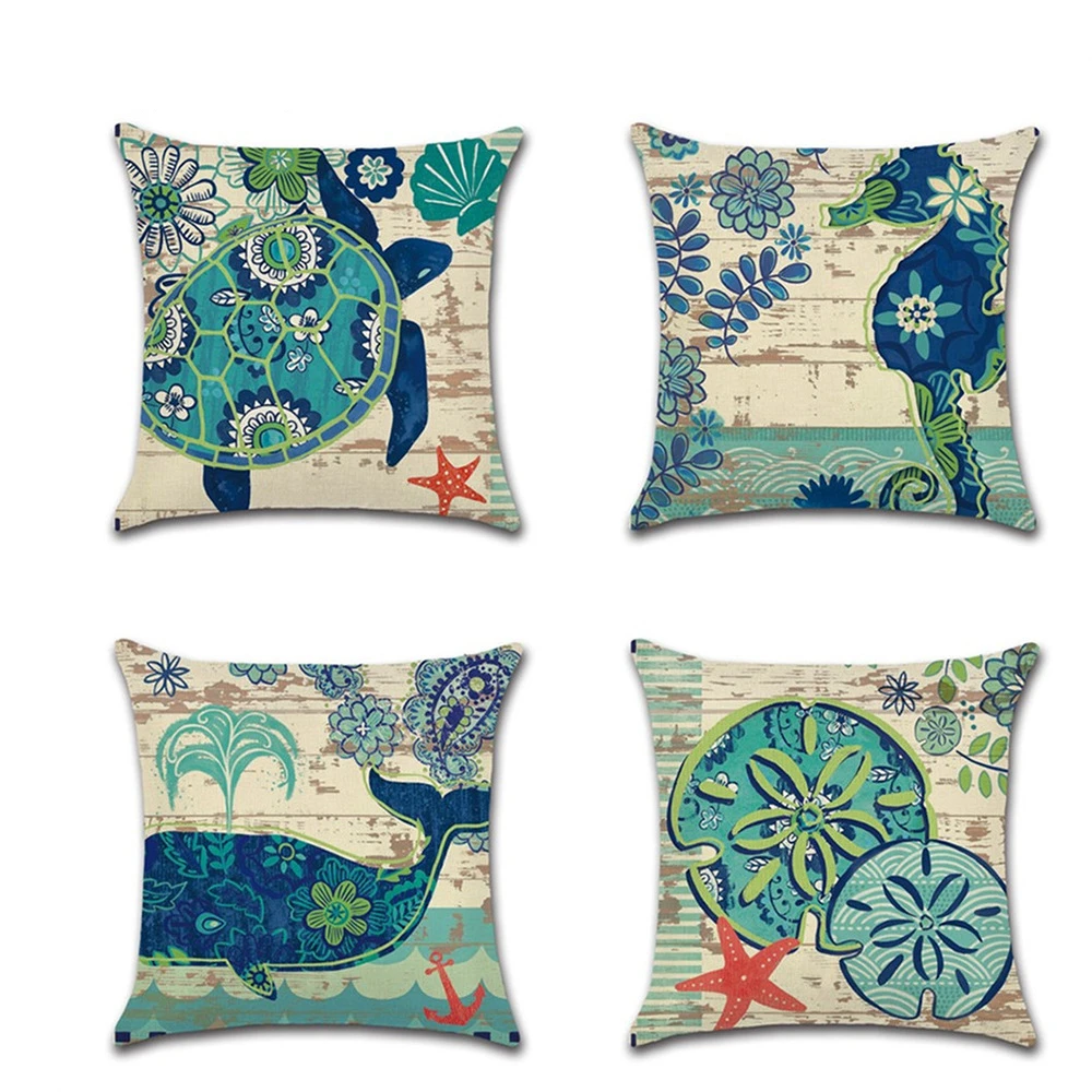 Creative Tropical Fish Blue Cushion Cover Turtle Seahorse Jellyfish Linen Pillow Covers Modern Fashion Decorative Throw Pillows