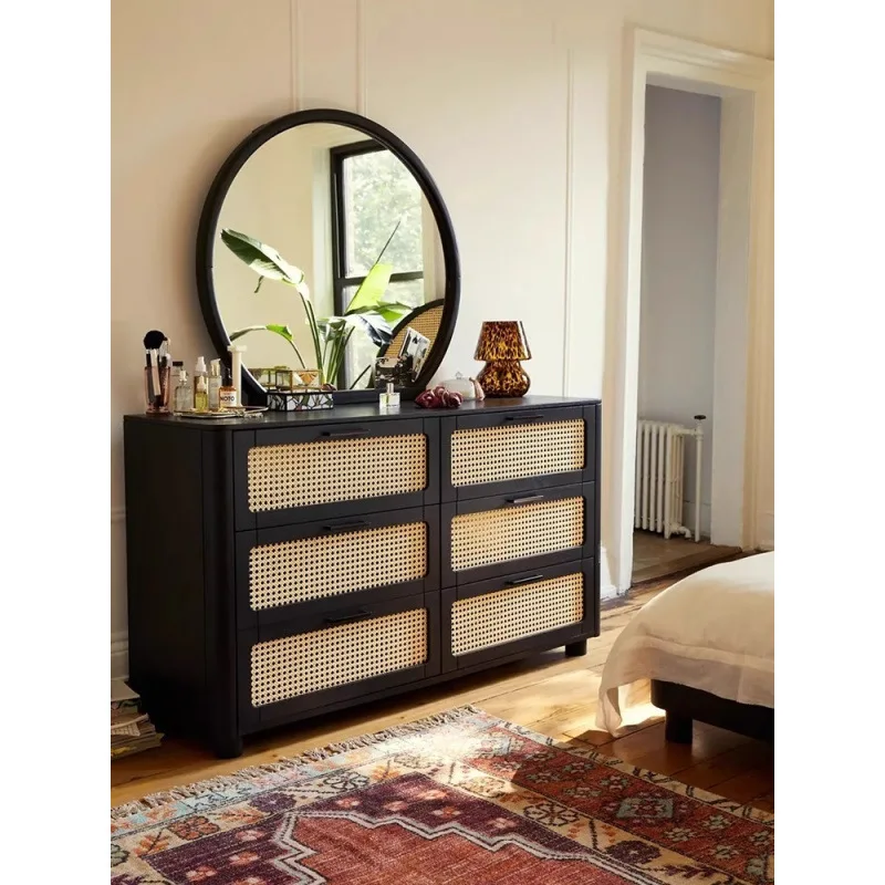 

Solid wood six-chest cabinet retro rattan storage cabinet wabi sandy wind home porch drawer storage cabinet