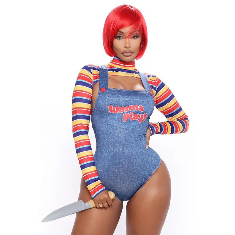 Conjunto de dos piezas para mujer, muñeca asesina de pesadilla aterradora, traje de personaje de película, disfraz de muñeca Chucky, conjunto de mono de Cosplay