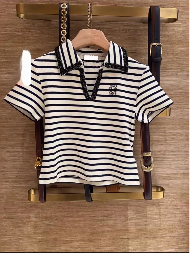 

Женский облегающий вязаный топ HEIDD S College в полоску с коротким рукавом, стандартной длины, модный, осень 2025