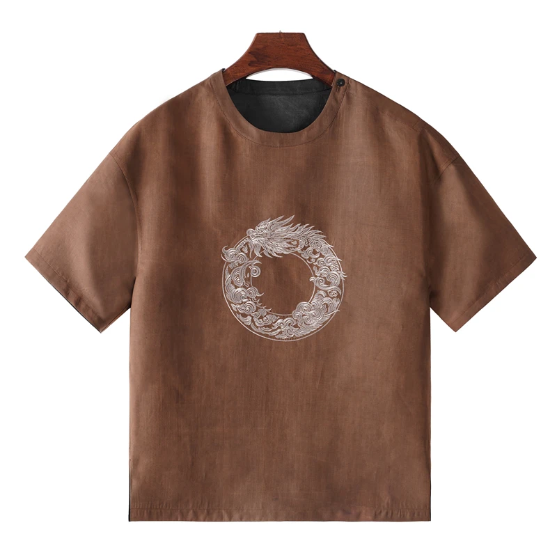 Embroidered Dragon Luxury T Shirt For Men Short Sleeve Loose Fit Summer High-Quality Real Silk 100% Coolness Camisetas De Hombre